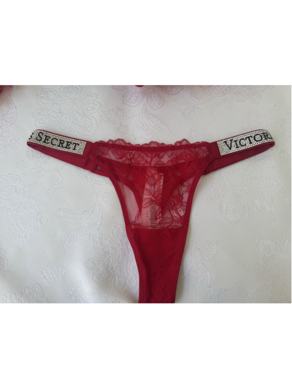 VICTORIA'S SECRET XS RED SILVER VERY SEXY THONG SHINE STRAP RHINESTONE PANTIES